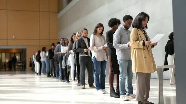Job Seekers at Career Fair Waiting with Resumes in Midday Hall
