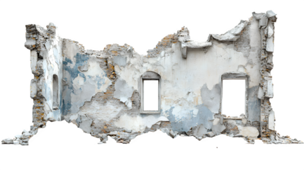 Crumbling building remains, demolished structure with debris isolated on white background