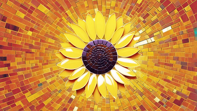 Abstract mosaic background with sunflower. Yellow orange red brown glossy mosaic sunflower art. 