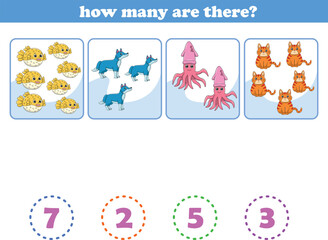 Counting game of wild animals for preschool kids. Printable. Vector Illustration