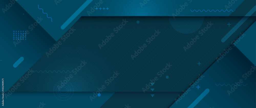 Poster Vector abstract geometric shape, line, light effect on dark blue gradient color for banner, wallpaper background. Illustration modern graphic design for digital technology, futuristic background