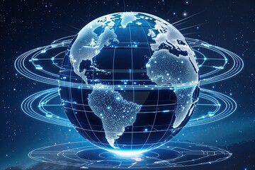 Fototapeta premium 3D Rotating Globe with Digital Framework and Data Streams in Bright Blue Space