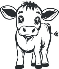 Black and white cartoon illustration of a cute baby calf standing and looking forward