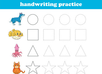 Handwriting Practice. Tracing lines of different shape for kids with animals. Vector Illustration