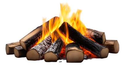 Bonfire with burning logs and glowing flames, outdoor fire scene, isolated on white background