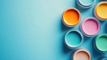 Top-down view of opened paint pots with multicolored paints on light blue background.