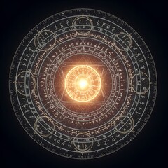 Obraz premium 神秘的な光る魔方陣：古代文字と記号