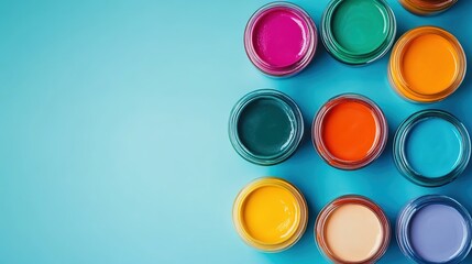 Top-down view of opened paint pots with multicolored paints on light blue background.