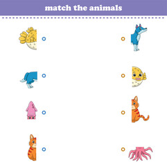 Obraz premium Match halves of cute cartoon wildlife animals. Logical game for kids