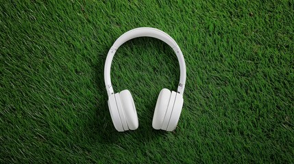 A premium headphone set on a grassy hilltop, freedom business aesthetic, ad layout