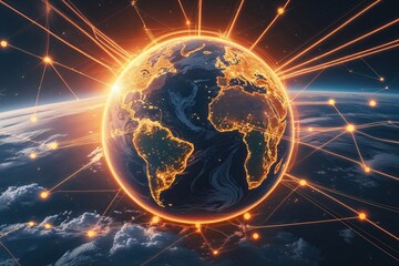 Obraz premium Globalization and Communication Trends Featuring a Radiant Planet and Connected Networks