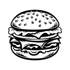 Simple Black and White Burger Illustration, Line Art Style, Isolated on White Background