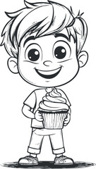 Black and white cartoon illustration of a happy boy holding a cupcake with frosting