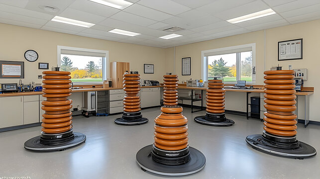 Laboratory showcasing multiple large electrical insulators on rotating platforms, with a bright workspace