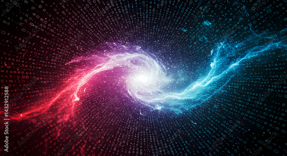 Fototapete Abstract Digital Vortex Red and Blue Energy Swirl in Binary Code Background