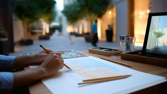 Pedestrian-Friendly Street Design Sketch at Dusk