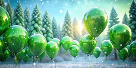 Fototapeta premium Vibrant green balloons filled with helium floating gently in the air amidst a festive winter wonderland setting, balloons floating, party decor