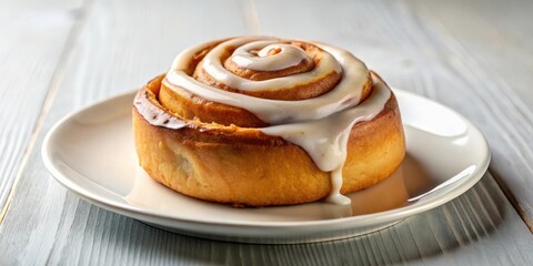 Freshly baked cinnamon roll bun with sweet icing placed on a clean white plate, showcasing its golden-brown color and soft texture , breakfast, inviting