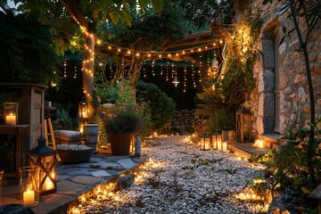Fototapeta premium A charming outdoor space lit with fairy lights and lanterns, creating a warm and inviting ambiance, Charming fairy lights enhancing the surroundings