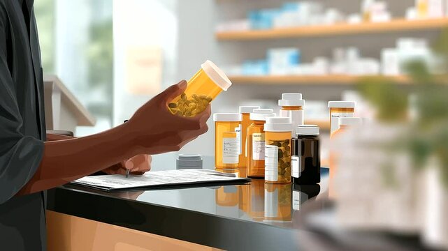 Pharmacist filling a prescription on a warm afternoon