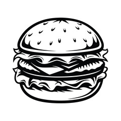 Classic Burger Isolated Monochrome Food Icon, Detailed Patty, Lettuce, Buns, Black Outline