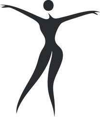Stylized black silhouette of a woman in an elegant dancing pose with arms outstretched and legs crossed.