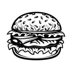 Monochrome Burger Design with Sesame Bun, Lettuce, Cheese, and Patty Outlined