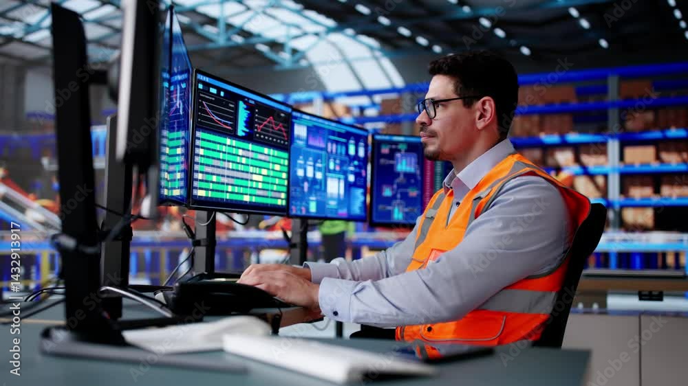 Poster hispanic man working at computer