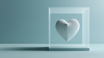 A minimalistic heart sculpture encased in transparent glass, symbolizing love and purity.