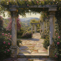 meticulously curated and purposeful splendor of a garden, unveiling masterful orchestration of flora, blossoms, and architectural elements amidst a symphony of harmonious and deliberate scenery meticu