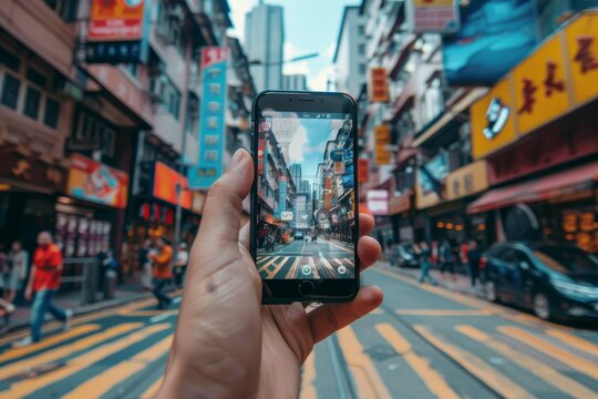 Person uses AR app on phone, overlaying digital info onto busy city street view, An augmented reality app overlaying digital information onto the real world, enhancing the user's experience