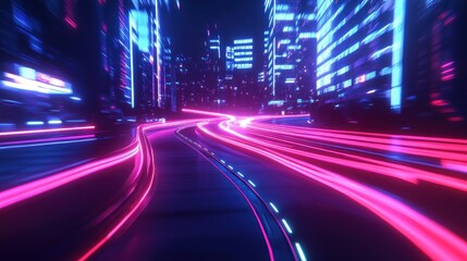 Naklejka premium Futuristic city streets with neon lights and motion blur
