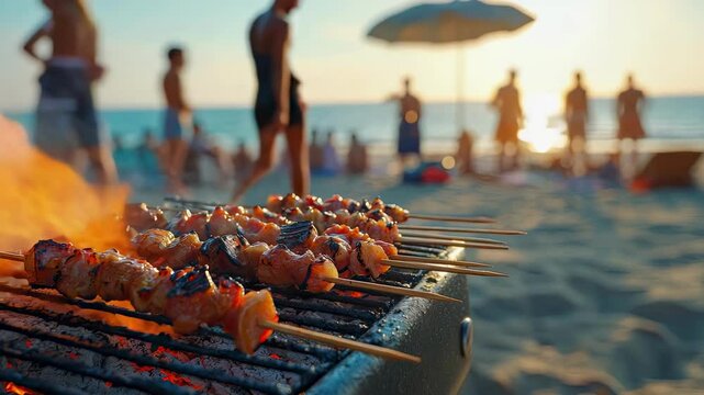 meat on the grill on the background of the beach. Selective focus