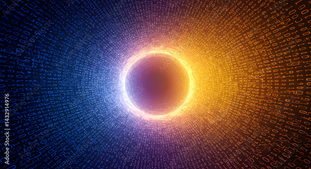 Poster abstract digital tunnel glowing ring of light and binary code