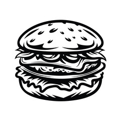 Burger Illustration, Black and White, Outline Style, Bun, Patty, Lettuce, Cheese icon