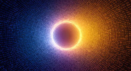 Abstract Digital Tunnel Glowing Ring of Light and Binary Code