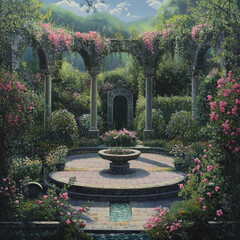 meticulously curated and purposeful splendor of a garden, unveiling masterful orchestration of flora, blossoms, and architectural elements amidst a symphony of harmonious and deliberate scenery meticu
