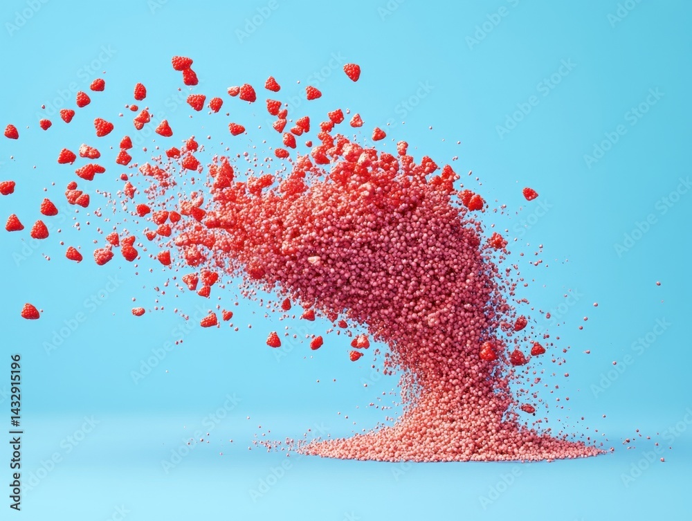 Poster abstract explosion of red particles on a light blue background creating a dynamic and visually strik