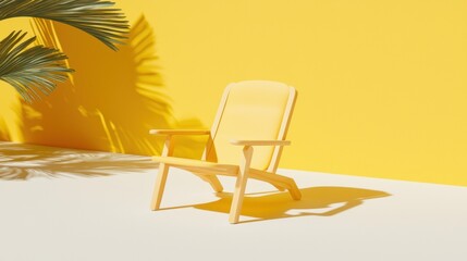 A yellow chair sits against a yellow wall, casting a shadow on the floor.