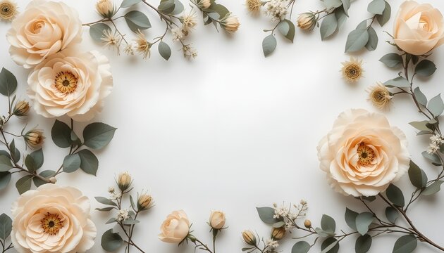Beige Rose Flowers with Eringium and Eucalyptus Branches on White Background Flat Lay Top View Floral Background