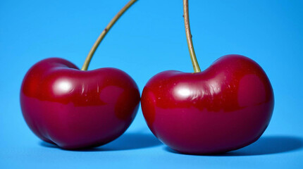 Fresh Red Cherry on Vibrant Blue Background in Studio Lighting - Generated AI