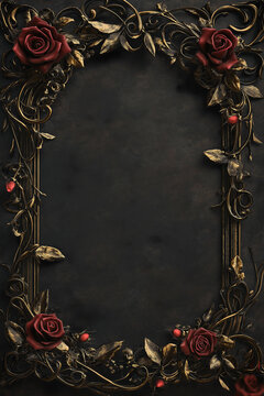 Gothic Floral Frame with Red Roses and Gold Details on Black Background
