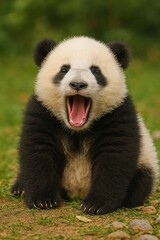 Obraz premium Close-up of a yawning baby panda/あくびする子パンダのアップ