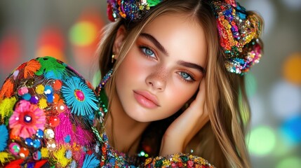 Close Up Portrait of Young Woman with Freckles and Blue Eyes in Colorful Embroidered Top and Floral Headdress