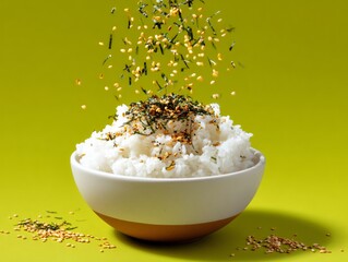 Savory Rice Bowl Delight: A close-up shot of a meticulously crafted bowl of fluffy, cooked rice, meticulously garnished with a savory blend of sesame seeds and seaweed flakes.