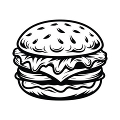 Classic Burger in Black and White Outline Style, Isolated on White Background, Detailed