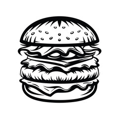 Black and White Burger With Sesame Seed Bun And Fresh Layers Design