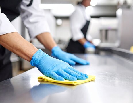 A kitchen worker in gloves cleans a metal surface with a yellow cloth, ensuring hygiene and cleanliness in a food preparation area.