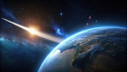 Obraz premium Comet with tail passing near Earth in dark sky at night , comets, universe, comets, universe, celestial, astronomy