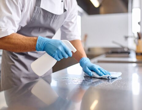 A person in gloves cleans a kitchen countertop with a spray bottle and cloth, emphasizing cleanliness and hygiene in a culinary setting.